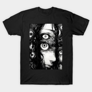 Creepy manga girl eyes horror halloween frightening T-Shirt